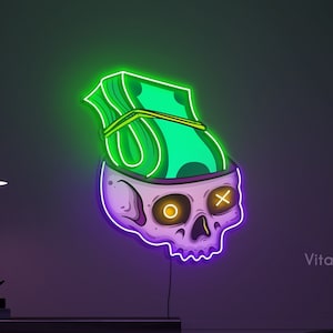 Skull Money Neon Sign, Skull Head Neon Light, Money Neon Sign for Game Room Decor, Neon Pop Art Sign, Wall Art, LED Decor for Game Room