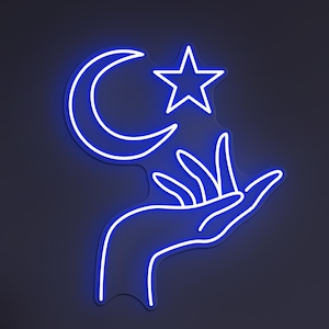 Hand Holding Moon Star Neon Sign, Hand Holding Moon Star Light, Moon and Star Wall Decor, Custom Neon Sign, Home Wall Decor, Party Wall Art