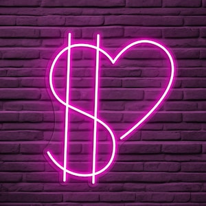 Puede incluir: Un letrero de neón rosa en forma de signo de dólar con un corazón incorporado en el diseño. El letrero está montado en una pared de ladrillo.