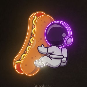 Astronaut with Hot Dog Neon Sign, LED Pop Art, Fast Food Decor, Hot Dog Neon Light for Kitchen, Restaurant, Dining Room, Custom Wall Art
