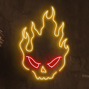 Fire Skull Neon Sign, Fire Skull LED Light, Flaming Skull Wall Decor, Burning Skull Art, Halloween Wall Art, Party, Event, Home & Cafe Decor
