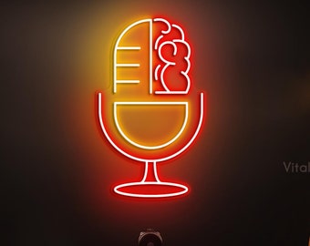 Brain and Mic Neon Sign, Podcast Microphone LED Light, Wall Art for Recording Studio, Home Decor, Podcast Radio Music Club, Personalized Art