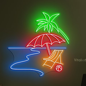 Palm Trees on Beach Neon Sign, Palm Trees LED Light, Beach LED Neon Art, Umbrella Beach Wall Art, Home Wall Decor, Beach Cafe Wall Art, Gift