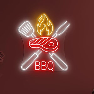 Letrero de neón personalizado para barbacoa, decoración de fuego y carne