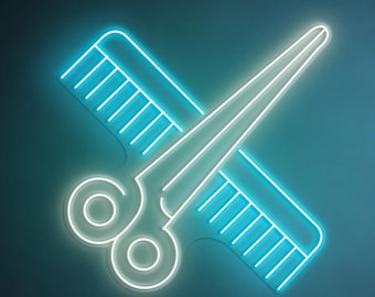 Letrero de neón con luz LED de tijeras y peine, herramientas de peluquería, decoración de barbería y salón.