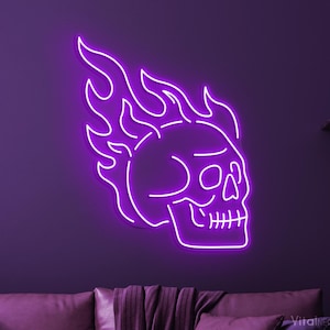 Flaming Skull Neon Sign, Flaming Skull LED Light, Fire Skull Wall Art, Party Decor, Horror House Art, Spooky Fire Ghost Wall Sign, Gift idea