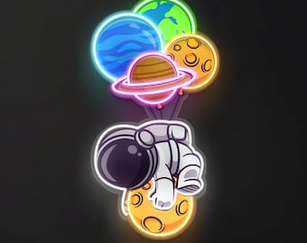 Astronaut with Planet Balloons LED Neon Sign, Space Lover LED Pop Art, Astronaut Neon Light, Outer Space Wall Decor, Gift & Home LED Sign