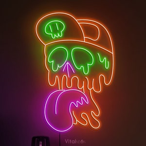 Melting Skull Neon Sign, Business Decor, Skull LED Art, Wall Decor, Party Decorations, Skull in a Cap Neon Light, Skeleton Wall Decoration