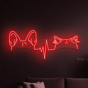 Heartbeat Neon Sign, Dog and Cat Ears Neon Sign, Cat and Dog Light, Pet Lovers, Dog & Cat Head Light, LED Wall Decor, Custom Neon Sign Gift