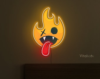 Flaming Emoji Neon Sign, Game Room Decor, LED Wall Art
