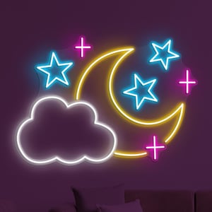 Moon and Stars Neon Sign, Moon, Stars, Cloud LED Light, Night Sky Wall Decor, Space Neon Sign, Home Wall Art, Game Room Decor, Colorful Sign