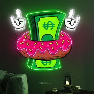 Donut Dollar Neon Sign, Cash Donut LED Light, Donut Neon Sign for Dessert Shops, Restaurants, Room Decor, Doughnut Art, Led Neon Wall Light