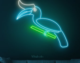 Letrero de neón de cálao, arte de pared LED de tucán para el hogar o tienda de aves, decoración de aves tropicales, regalo de vida silvestre exótica, luz de habitación con temática de la selva, regalo