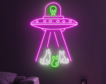 UFO and Cats Neon Sign, LED Alien Wall Art for Game Room Decor, Cosmic Display Light, Fun Extraterrestrial Neon, Gift for Cat Lovers Gamers