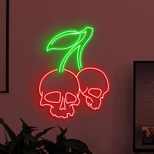 Skull Cherry Neon Sign, Skull Cherry LED Light, Cherry Wall Decor, Skeleton Head Neon Art, Party Sign, Horror House Decor, Fruit Shop decor