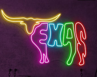 Texas Longhorn Neon Sign, LED Wall Decor with Rustic State Design, Western Animal Shop Light, Cowboy Style Neon Sign, Ranch House Gift Idea