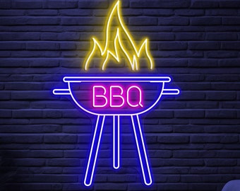 BBQ Neon Sign LED Light Flaming Grill Restaurant Shop Wall Decor Home Art