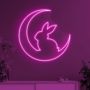 Rabbit On Moon Neon Sign, Rabbit On Moon LED Light, Kids Room Decor, Rabbit Lovers Gift, Cute Bunny Wall Decor, Animal Shop Wall Decor, Gift