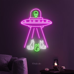 UFO and Cats Neon Signs, Ufo Led Light, UFO and Cats LED Neon Art, Game and Kids Room Decor, Alien Abduction, Home Wall Decor, Custom Sign