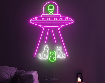 UFO and Cats Neon Signs, Ufo Led Light, UFO and Cats LED Neon Art, Game and Kids Room Decor, Alien Abduction, Home Wall Decor, Custom Sign