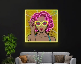 Wow Lady Pop Art LED letrero de neón - Decoración de pared de arte pop cómico - Decoración del hogar - Rostro de mujer - Diseño de arte pop - Arte acrílico de neón