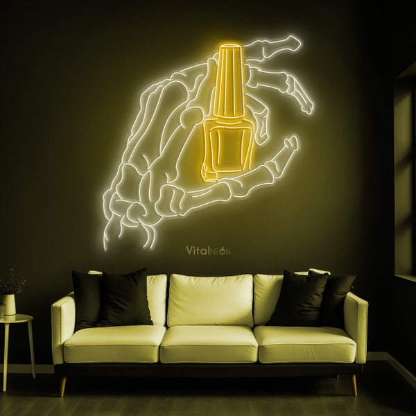 Skeleton Hand Holding Nail Polish Neon Sign, Skeleton Hand Neon Light, Nail Polish Neon Sign for Salon Decor, Neon Art for Bedroom Decor