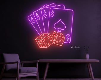Poker Cards & Dice Neon Sign, Playing Cards LED Light, Casino Cards Wall Art, Poker Room Wall Sign, Game Room Wall Decor, Home Wall Art