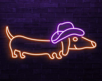 Dackel Hund LED Leuchtreklame, Cowboyhut, Pet Shop Decor