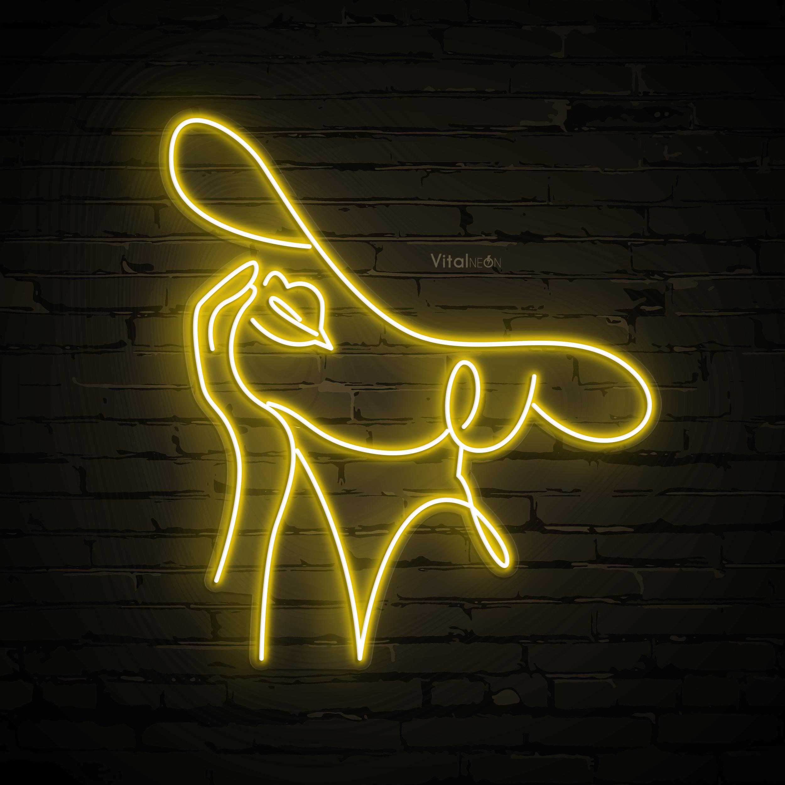 Women With Hat Neon Sign LED Light Silhouette Female Wall Art