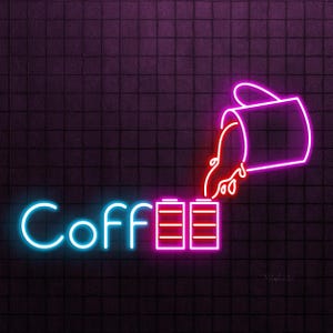 Puede incluir: Letrero de neón con la palabra "Coffee" en azul, con las "ee" reemplazadas por dos iconos de batería rosas. Una taza de café rosa vierte café en las baterías. El fondo es una pared de ladrillos morada oscura.