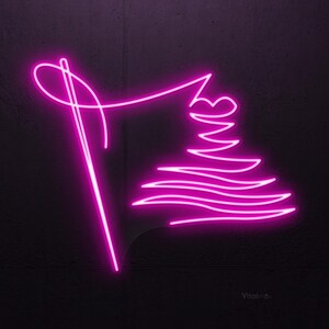 May include: A neon pink illustration of a needle and thread, with the thread forming a stylized shape resembling a dress or a Christmas tree. The image is set against a dark gray background.