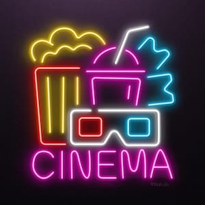 Cinema Neon Sign, Cinema LED Light, Popcorn & 3D Glasses Wall Decor, Popcorn Drink Glasses Neon Art, Movie Lover Gift, Popcorn Lover Gift