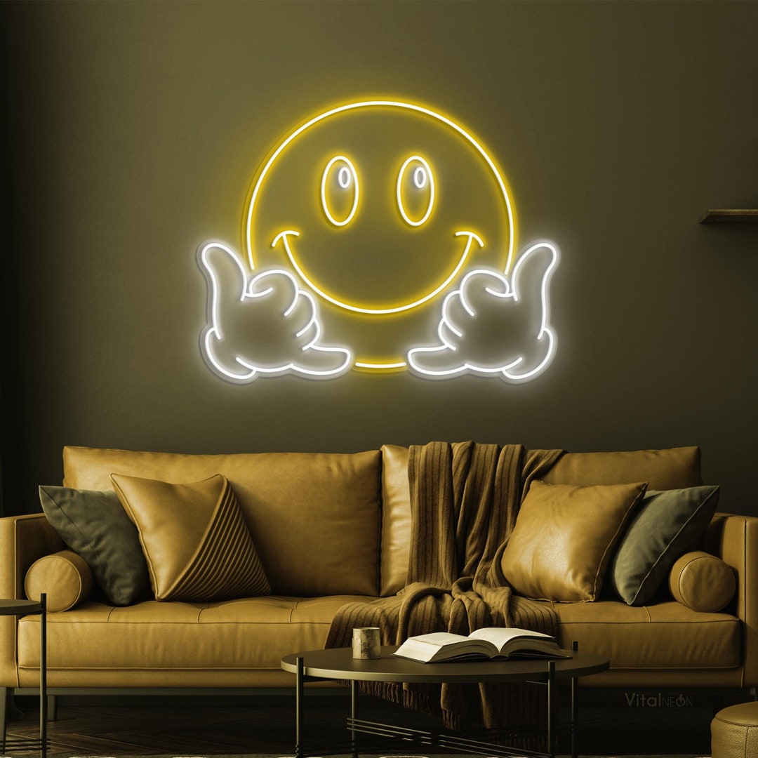 Face Emoji Neon Sign, Hang Loose Smiley LED Light, Happy Face With Hand ...
