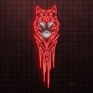 May include: A neon sign showing a red wolf design with white details, set against a dark red brick wall. The wolf's design has a tribal style. The sign is illuminated with neon lights.
