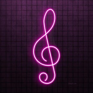 以下が含まれることがあります： 暗い紫色のテクスチャ背景に、明るいピンク色のネオンのト音記号。 音楽のシンボルは鮮やかな光で輝き、暗い背景とのコントラストを生み出しています。 この画像は、モダンで芸術的な美学を持っています。