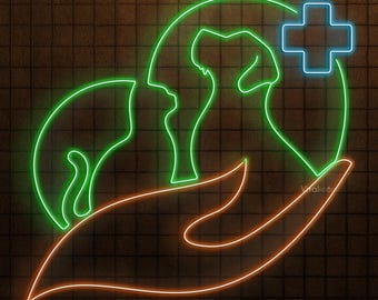 May include: Neon sign featuring a green cat and dog silhouette within a green circle, held by an orange hand. A blue cross is on the right. The background is a dark brown brick wall.