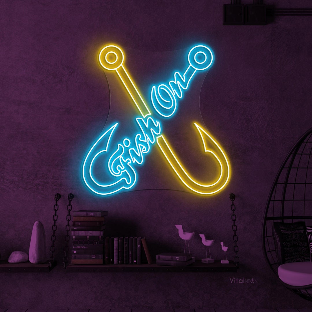 Fish on Neon Sign, Fish on Led Light, Fishing Hook Wall Decor, Fishing ...