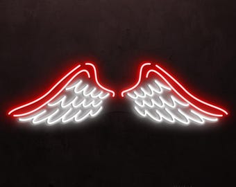 May include: Neon sign of angel wings, with a red outline and white interior, against a dark background. The wings are symmetrical and detailed, with a bright, glowing effect. The sign is likely for decorative purposes.
