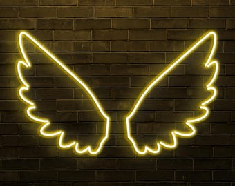 May include: A neon sign in the shape of angel wings, glowing yellow against a dark brick wall. The wings are symmetrical, with detailed feather outlines, creating a striking visual effect. The sign is designed for wall mounting.