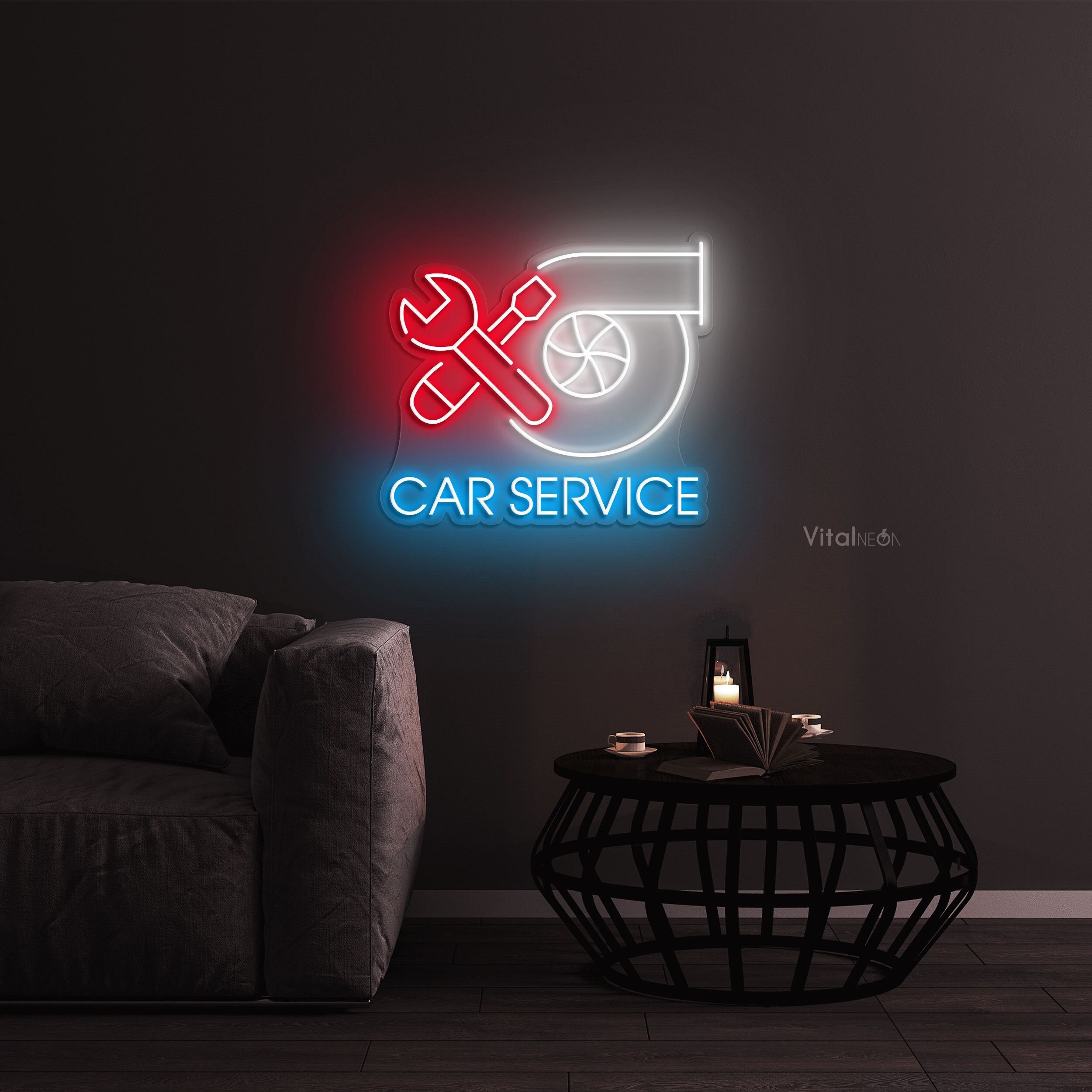 Vehicle Service Sign Car Service Neon Sign LED Wall Art Garage Auto Shop Workshop Center ...