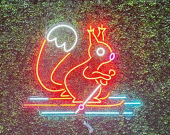 Squirrel Skiing on Snow LED Neon Light, Room decor, Winter Sports Decor, Wall decor, Skiing Squirrel Neon Sign, Gift for Skiing Lovers