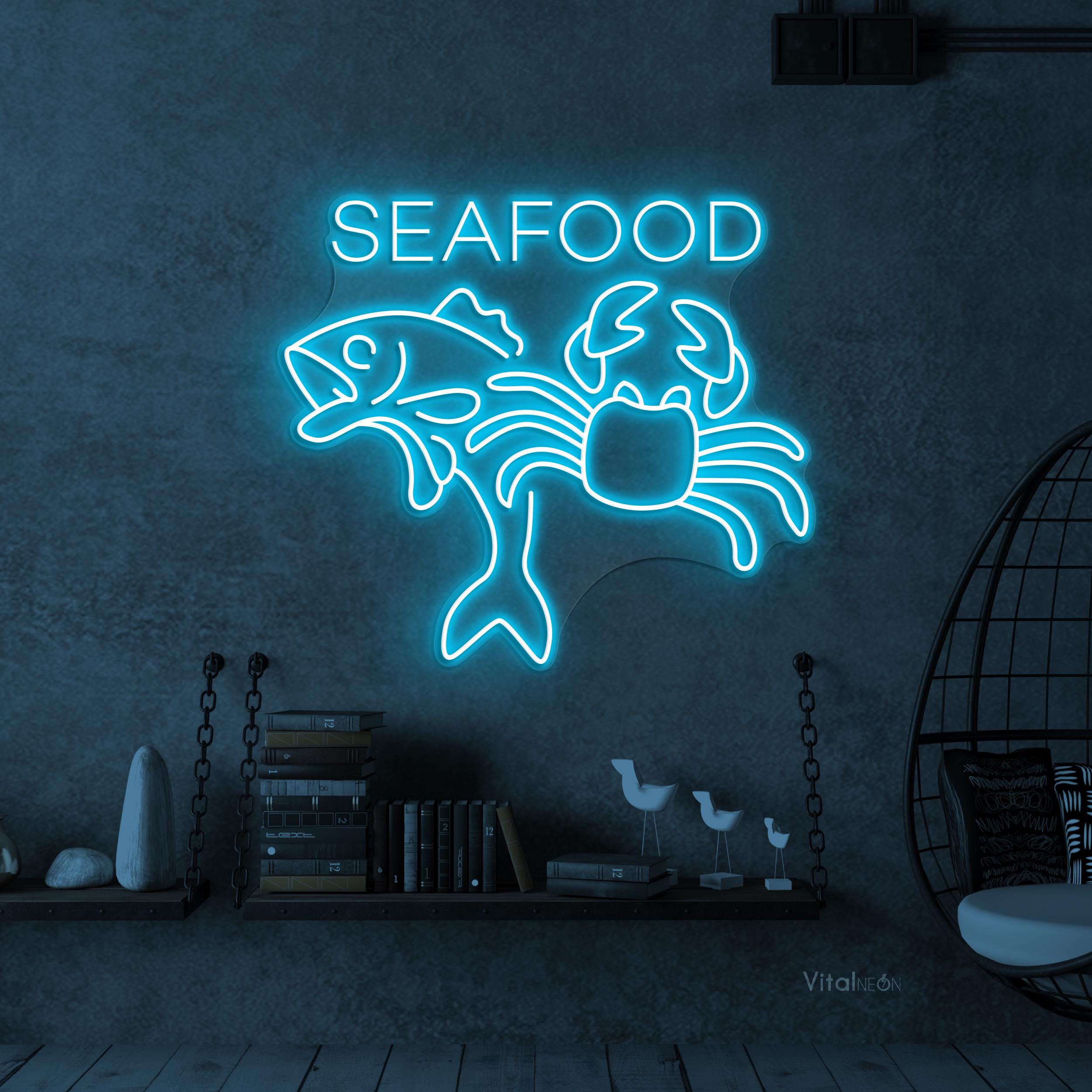 Seafood Crab LED Neon Sign, Fish Shop Restaurant Beach Wall Decor 