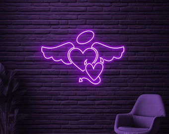 天使の羽を持つハートのLEDネオンサイン、壁装飾 - Etsy 日本