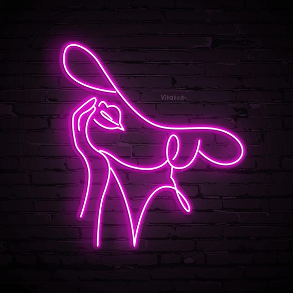 Women With Hat Neon Sign LED Light Silhouette Female Wall Art