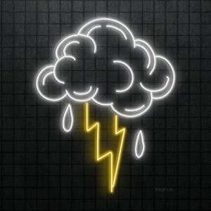 May include: Neon sign depicting a dark gray cloud with white outlines, rain drops, and a yellow lightning bolt. The sign is mounted on a black brick wall. The text "Vital Ion" is in the bottom right corner.