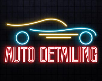 May include: Neon sign with the words "AUTO DETAILING" in red, outlined in white. Above the text is a stylized car outline in yellow and blue. The sign is against a black, textured background.