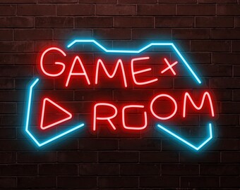 Puede incluir: Un letrero de neón en una pared de ladrillos que dice "GAME ROOM" en rojo y azul. El letrero tiene la forma de un mando de videojuegos, con las palabras dentro del contorno. El fondo es una pared de ladrillos marrón oscuro.