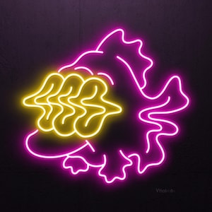 May include: A neon sign featuring a stylized, abstract design. The artwork has a magenta outline with a yellow, wavy shape in the center. The background is a dark gray, textured surface.