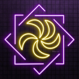 Peut inclure: Un motif géométrique jaune néon à cinq points, ressemblant à une étoile, est centré dans un cadre carré néon violet. Le motif est placé sur un fond de carreaux sombres.