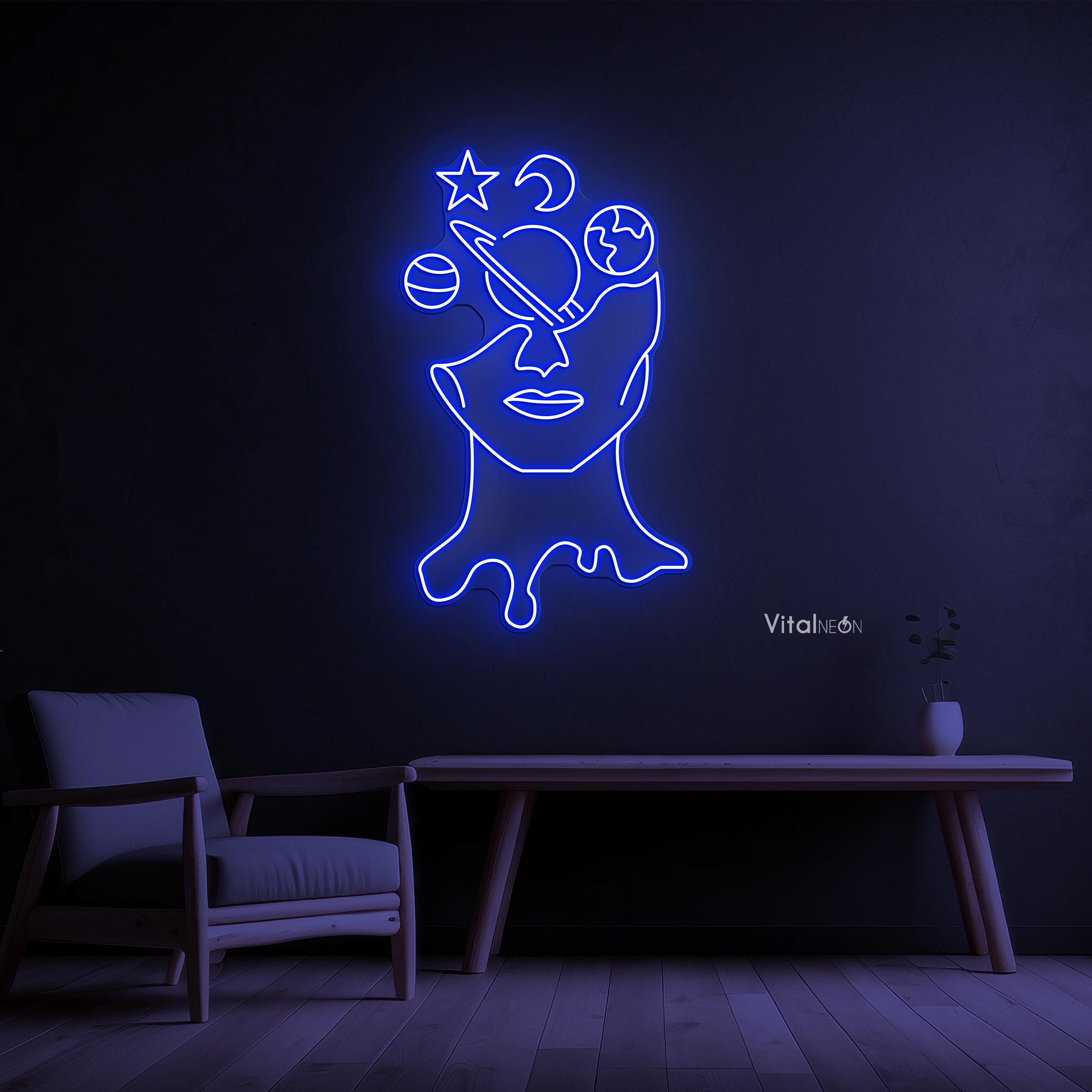 Head With Planets Neon Sign LED Light Space Wall Art Cosmic Face